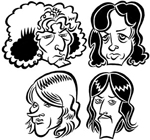 Illustration of Led Zeppelin courtesy of the Caricature Zone. Top row, left to right: Robert Plant and Jimmy Page. Bottom row, left to right: John Paul Jones and John Bonham (1948-1980).